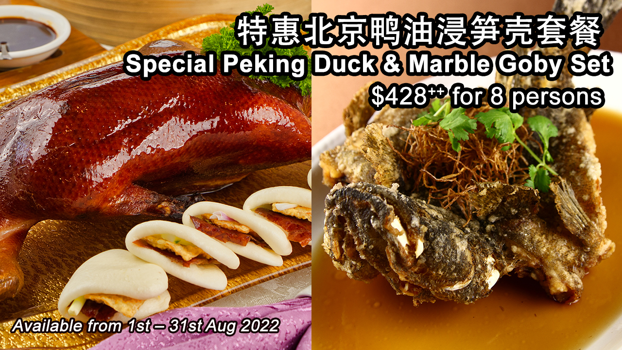 <b>Peking Duck & Marble Goby Set</b><br>北京鸭油浸笋壳套餐<br><small>$428<sup>++</sup> 8 perons set</small> <br> <b>Peking Duck & Marble Goby Set</b><br>北京鸭油浸笋壳套餐<br><small>$428<sup>++</sup> 8 perons set</small> <br>